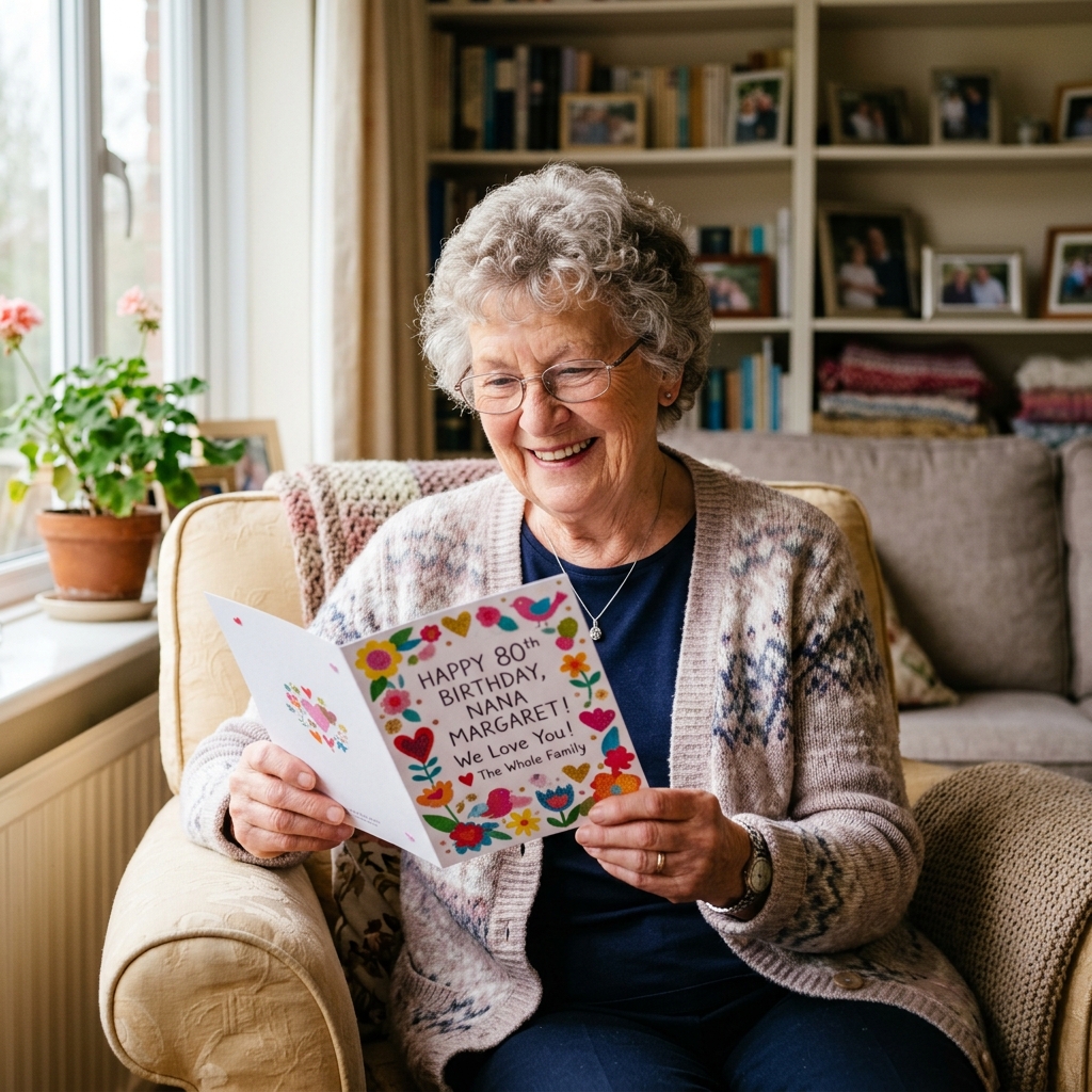 Happy grandma holding a physical greeting card generated by AI